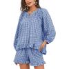 imageFlygo Women Gingham 2 Piece Pajama Sets Y2K Plaid Ruffle Short Sets Raglan Sleeve Shirt Lounge Shorts Sleepwear with PocketsNavy
