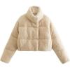imageFlygo Womens Cropped Teddy Coat Stand Collar Winter Fluffy Faux Fur Jacket Shearling Outerwear TopBeige