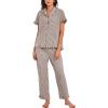 imageFlygo Womens Striped Pajama Sets Cotton Button Down Sleepwear Short Sleeve Top Long Ruffle Pants 2 Piece Pjs Loungewear SetsCoffee