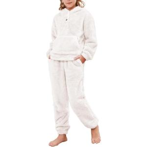 imageFlygo Girls 2 Piece Fuzzy Pants Sets Bear Ear Sweatshirt Hoodie Fleece Sweatpants Kids Fluffy Clothing Sets with PocketsBeige