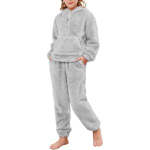imageFlygo Girls 2 Piece Fuzzy Pants Sets Bear Ear Sweatshirt Hoodie Fleece Sweatpants Kids Fluffy Clothing Sets with PocketsGrey