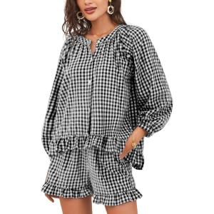 imageFlygo Women Gingham 2 Piece Pajama Sets Y2K Plaid Ruffle Short Sets Raglan Sleeve Shirt Lounge Shorts Sleepwear with PocketsBlack