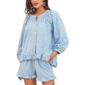 imageFlygo Women Gingham 2 Piece Pajama Sets Y2K Plaid Ruffle Short Sets Raglan Sleeve Shirt Lounge Shorts Sleepwear with PocketsBlue