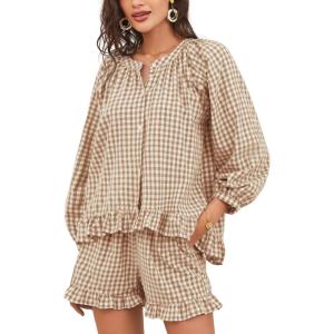 imageFlygo Women Gingham 2 Piece Pajama Sets Y2K Plaid Ruffle Short Sets Raglan Sleeve Shirt Lounge Shorts Sleepwear with PocketsBrown