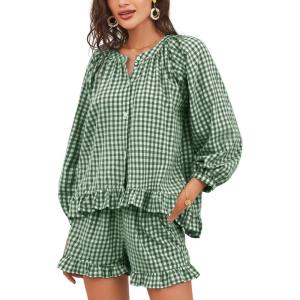 imageFlygo Women Gingham 2 Piece Pajama Sets Y2K Plaid Ruffle Short Sets Raglan Sleeve Shirt Lounge Shorts Sleepwear with PocketsDarkgreen