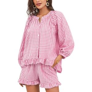 imageFlygo Women Gingham 2 Piece Pajama Sets Y2K Plaid Ruffle Short Sets Raglan Sleeve Shirt Lounge Shorts Sleepwear with PocketsPink