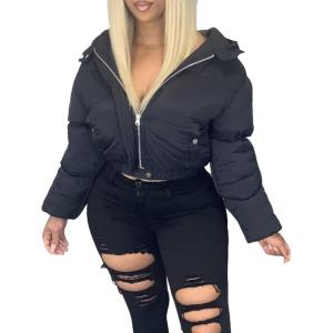 imageFlygo Womens Cropped Puffer Jacket Casual Hooded Zip up Winter Quilted Puffy CoatBlack