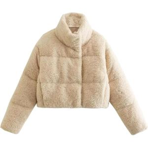 imageFlygo Womens Cropped Teddy Coat Stand Collar Winter Fluffy Faux Fur Jacket Shearling Outerwear TopBeige