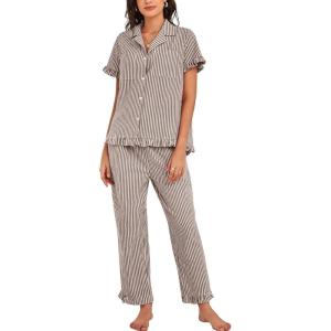 imageFlygo Womens Striped Pajama Sets Cotton Button Down Sleepwear Short Sleeve Top Long Ruffle Pants 2 Piece Pjs Loungewear SetsCoffee