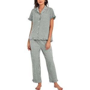 imageFlygo Womens Striped Pajama Sets Cotton Button Down Sleepwear Short Sleeve Top Long Ruffle Pants 2 Piece Pjs Loungewear SetsDarkgreen