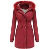 imageFlygo Womens Winter Mid Long Hooded Sherpa Lined Parkas Anorak Coat with Faux Fur CollarBurgundy