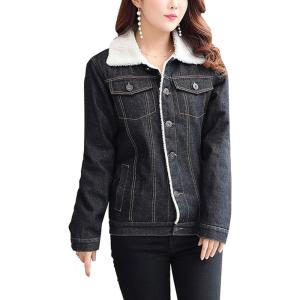 imageFlygo Womens Casual Lapel Fleece Sherpa Lined Denim Jean Jacket Trucker CoatBlack