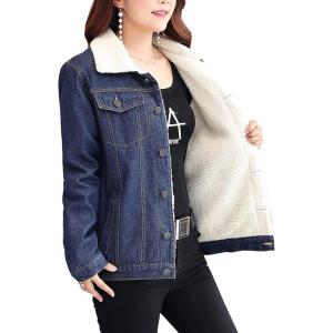 imageFlygo Womens Casual Lapel Fleece Sherpa Lined Denim Jean Jacket Trucker CoatDark Blue