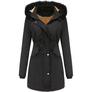 imageFlygo Womens Winter Mid Long Hooded Sherpa Lined Parkas Anorak Coat with Faux Fur CollarBlack