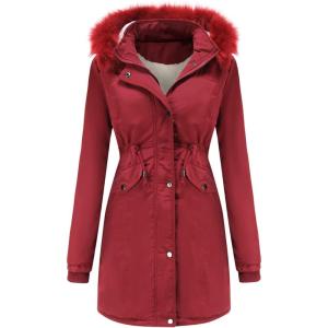 imageFlygo Womens Winter Mid Long Hooded Sherpa Lined Parkas Anorak Coat with Faux Fur CollarBurgundy