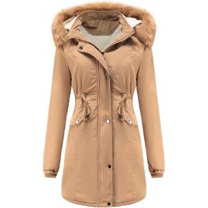 imageFlygo Womens Winter Mid Long Hooded Sherpa Lined Parkas Anorak Coat with Faux Fur CollarKhaki