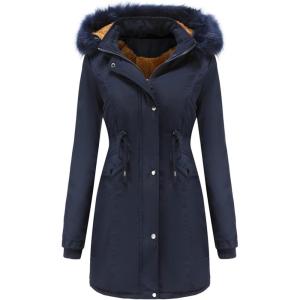 imageFlygo Womens Winter Mid Long Hooded Sherpa Lined Parkas Anorak Coat with Faux Fur CollarNavyblue