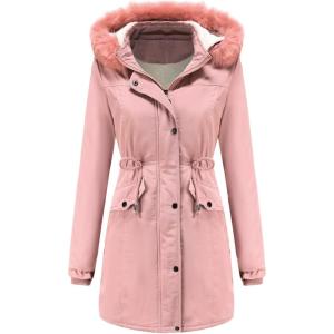 imageFlygo Womens Winter Mid Long Hooded Sherpa Lined Parkas Anorak Coat with Faux Fur CollarPink