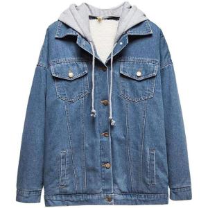 imageFlygo Womens Winter Oversized Boyfriend Sherpa Lined Denim Trucker Jacket with HoodedBlue