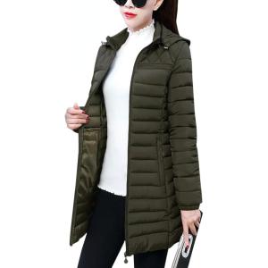 imageFlygo Womens Winter Coat Hooded Slim Fit Mid Long Quilted Padded Down Jacket ParkaArmy Green