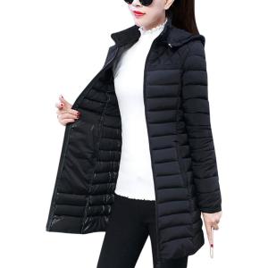 imageFlygo Womens Winter Coat Hooded Slim Fit Mid Long Quilted Padded Down Jacket ParkaBlack