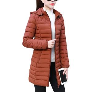 imageFlygo Womens Winter Coat Hooded Slim Fit Mid Long Quilted Padded Down Jacket ParkaCaramel