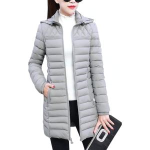 imageFlygo Womens Winter Coat Hooded Slim Fit Mid Long Quilted Padded Down Jacket ParkaGrey