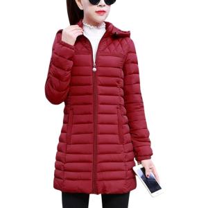 imageFlygo Womens Winter Coat Hooded Slim Fit Mid Long Quilted Padded Down Jacket ParkaRed
