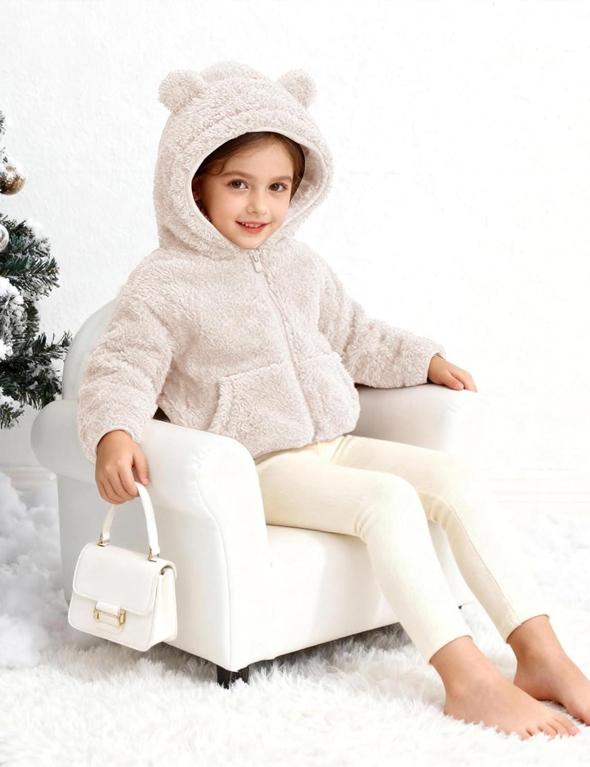 imageFlygo Girls Boys Fleece Hooded Jacket Unisex Toddler Sweatshirt Bear Ear Zip Up Sweater Outwear HoodieBeige