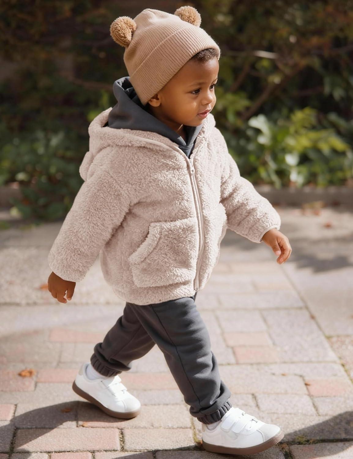 imageFlygo Girls Boys Fleece Hooded Jacket Unisex Toddler Sweatshirt Bear Ear Zip Up Sweater Outwear HoodieBeige