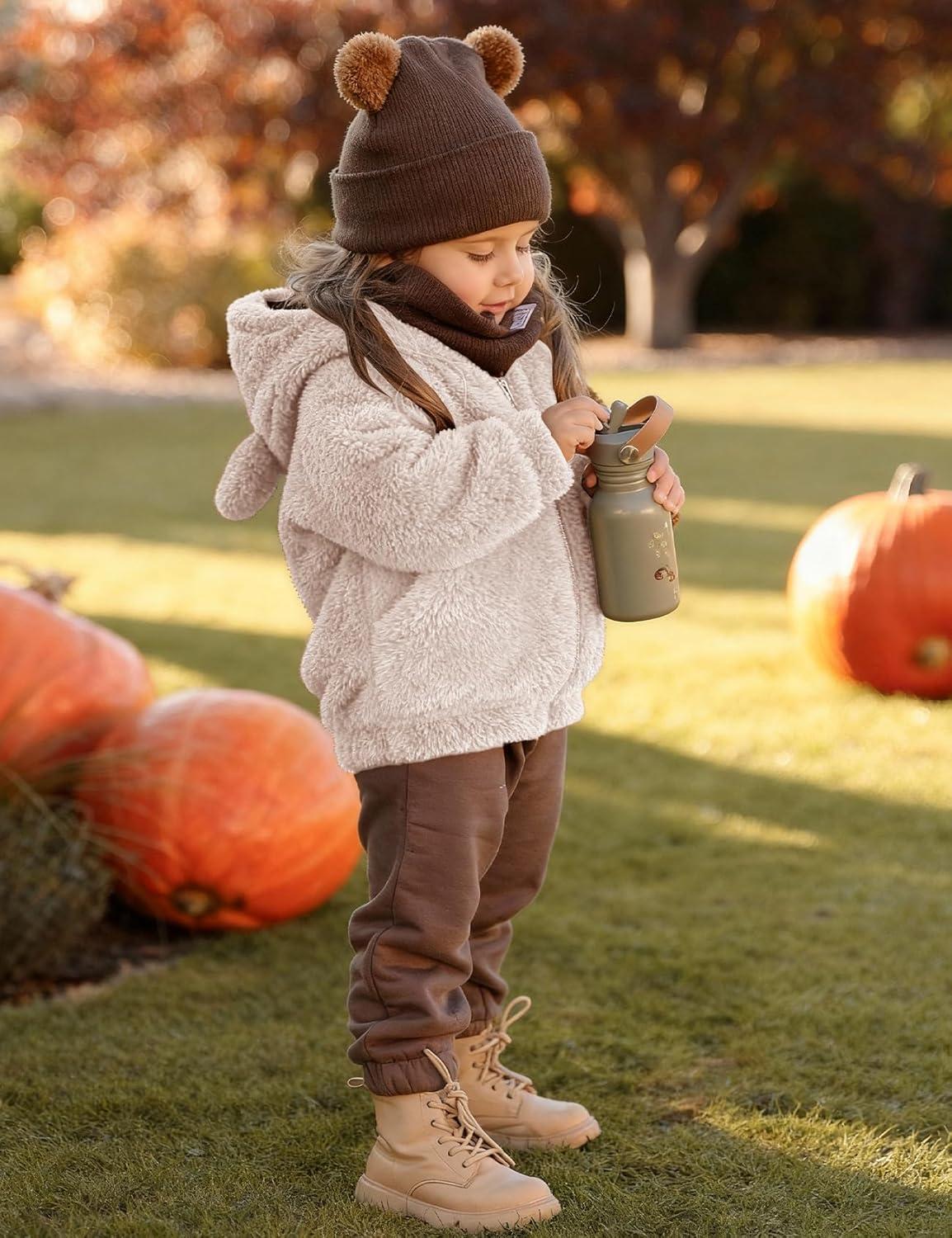 imageFlygo Girls Boys Fleece Hooded Jacket Unisex Toddler Sweatshirt Bear Ear Zip Up Sweater Outwear HoodieBeige