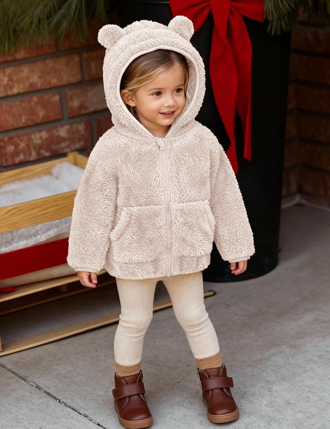 imageFlygo Girls Boys Fleece Hooded Jacket Unisex Toddler Sweatshirt Bear Ear Zip Up Sweater Outwear HoodieBeige