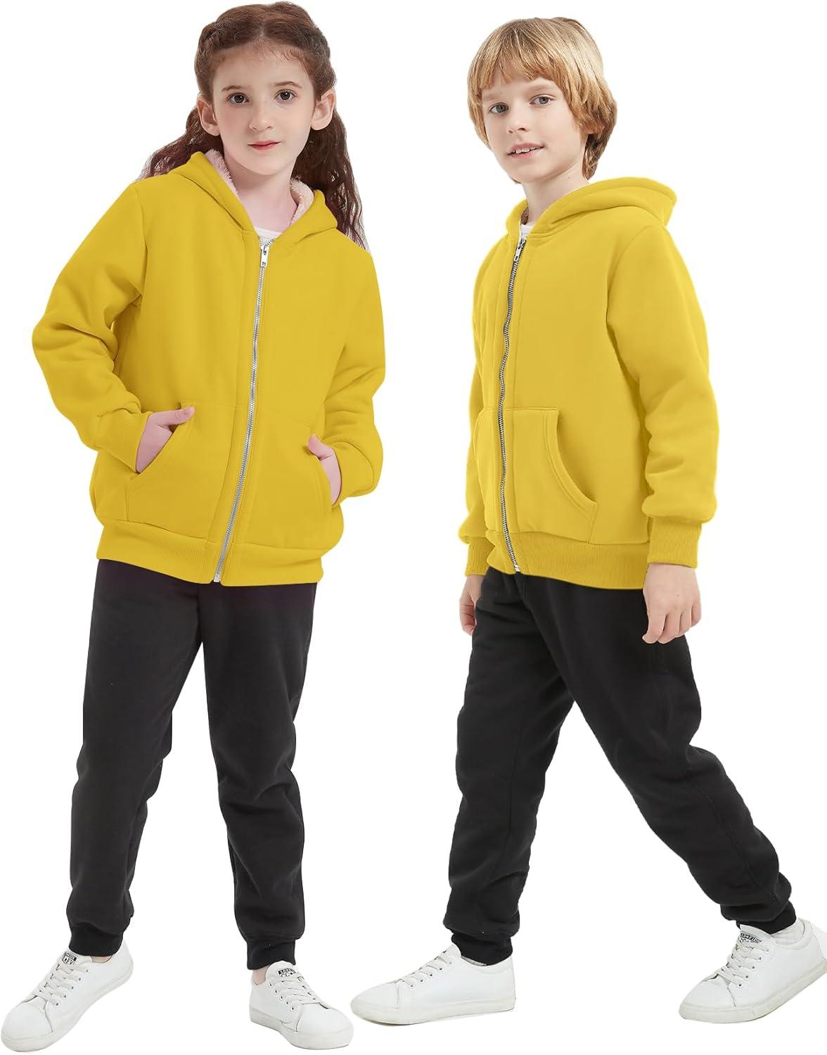 imageFlygo Unisex Boys Girls Fleece Jacket Hoodie Sherpa Lined Zip Up Hooded Sweatshirt Kids Winter JacketsYellow