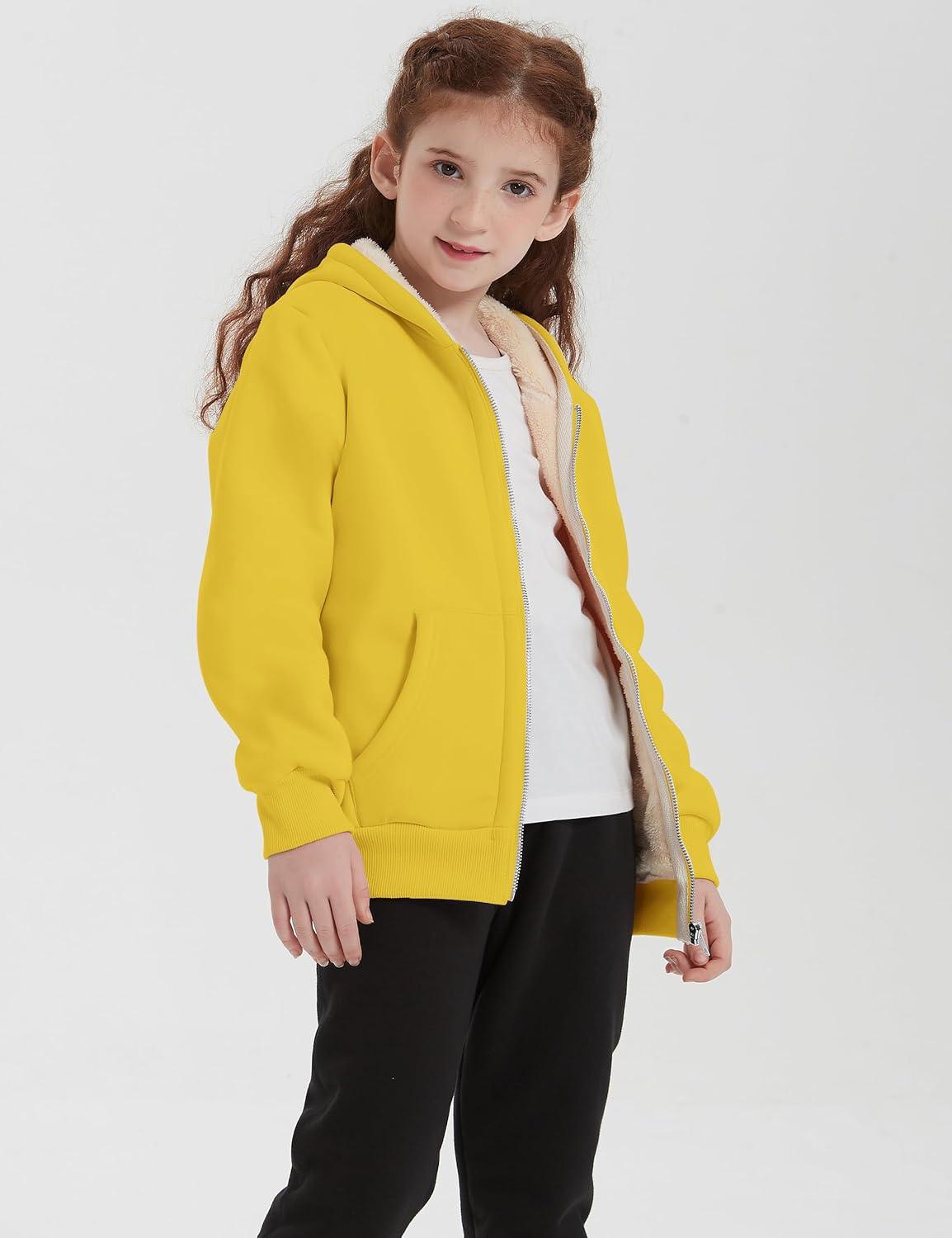 imageFlygo Unisex Boys Girls Fleece Jacket Hoodie Sherpa Lined Zip Up Hooded Sweatshirt Kids Winter JacketsYellow