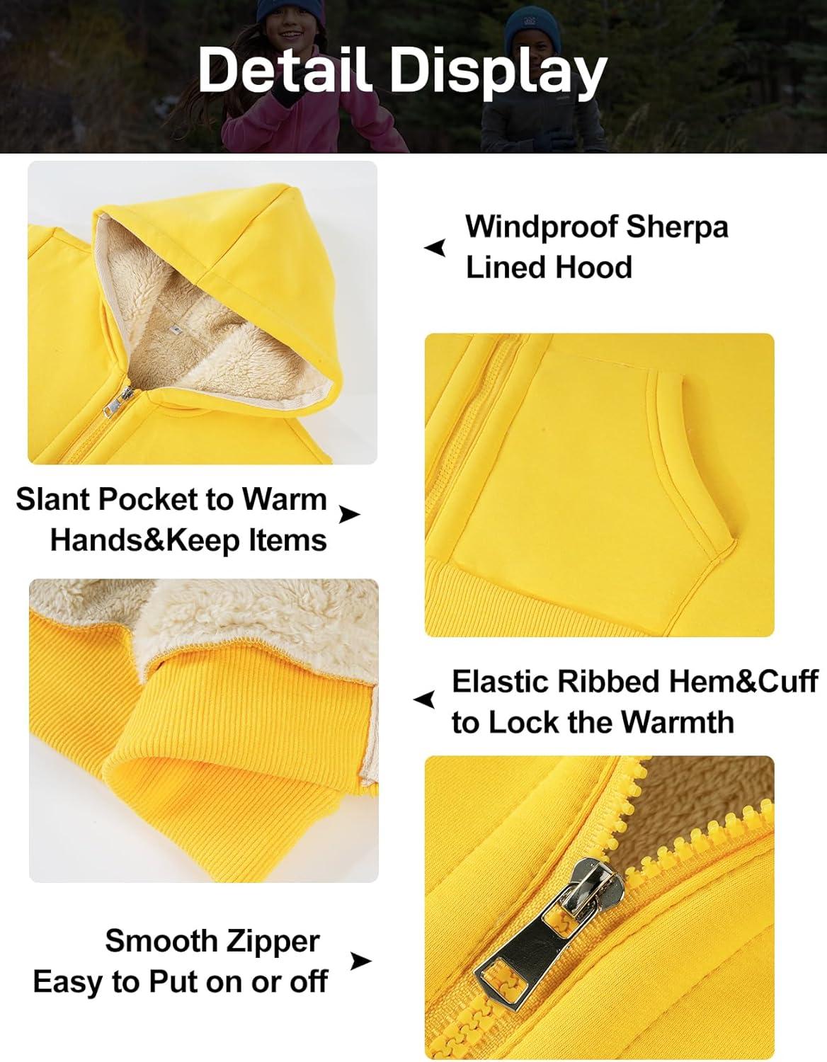 imageFlygo Unisex Boys Girls Fleece Jacket Hoodie Sherpa Lined Zip Up Hooded Sweatshirt Kids Winter JacketsYellow