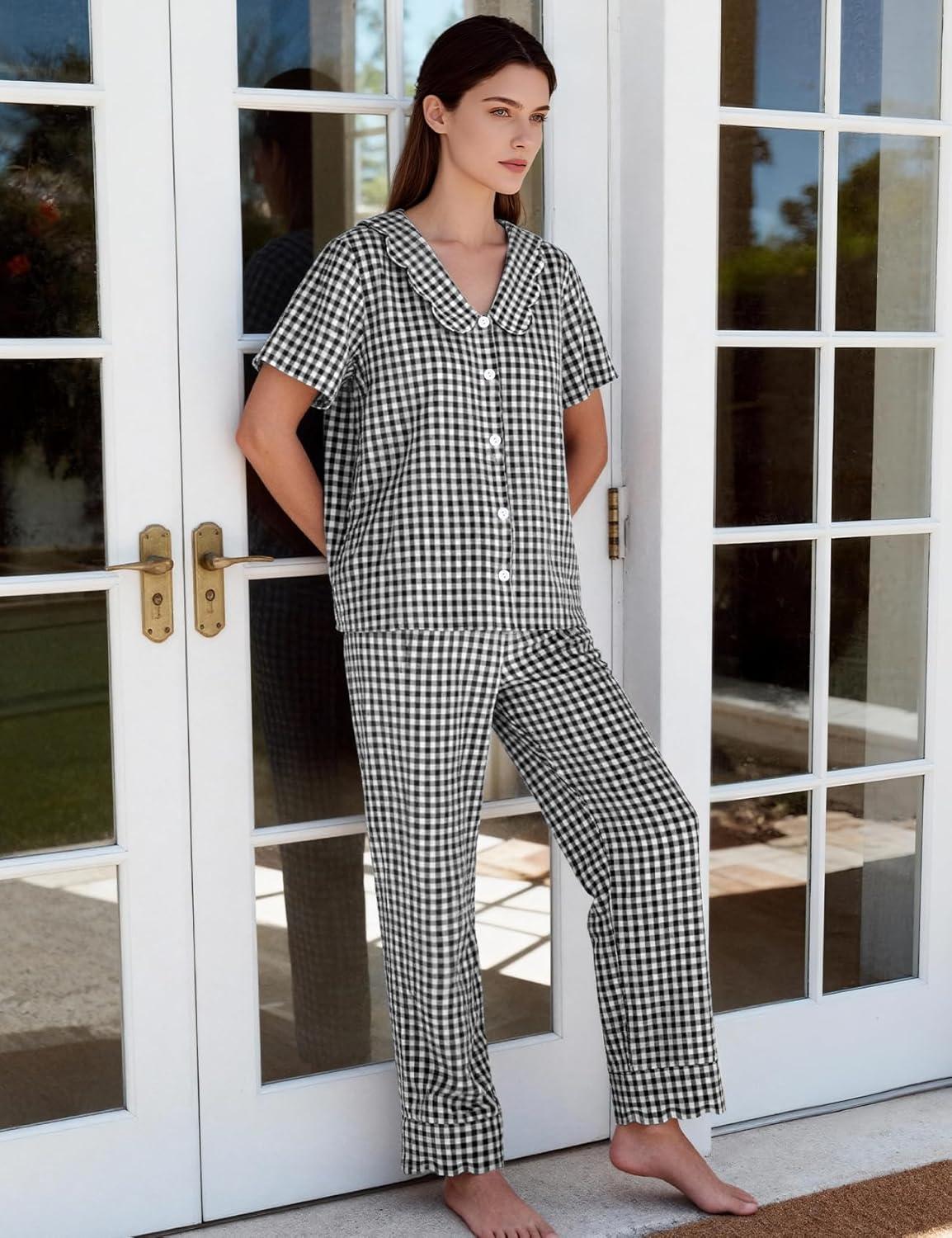 imageFlygo Womens Gingham Pajamas Set Cotton 2 Piece Pj Set Scalloped Collar Babydoll Shirt Pants Plaid Y2K Lounge SetsBlack