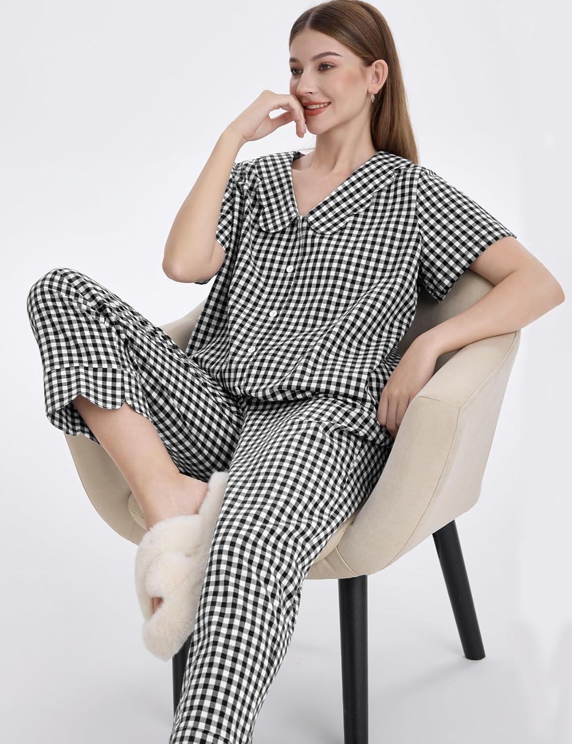 imageFlygo Womens Gingham Pajamas Set Cotton 2 Piece Pj Set Scalloped Collar Babydoll Shirt Pants Plaid Y2K Lounge SetsBlack