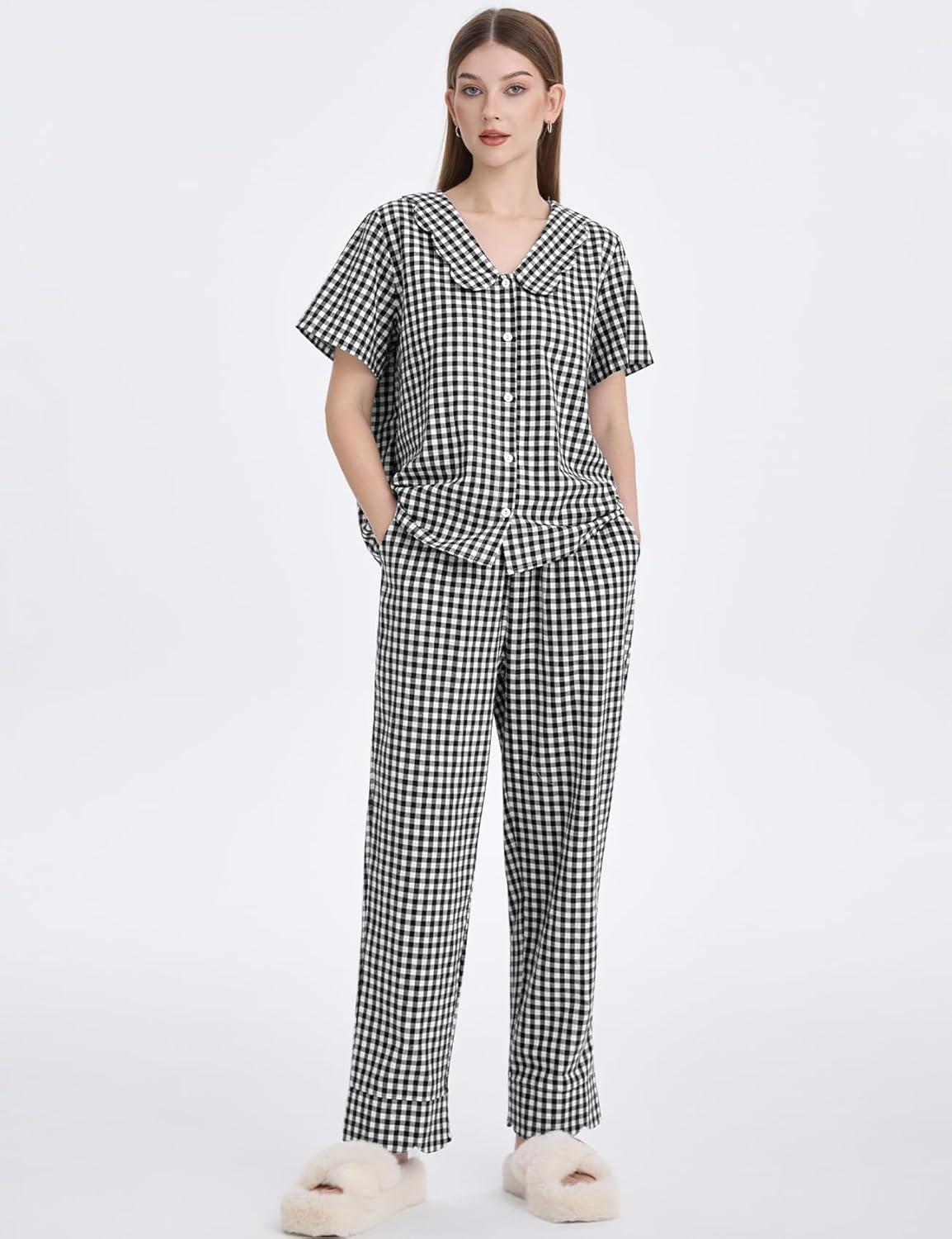 imageFlygo Womens Gingham Pajamas Set Cotton 2 Piece Pj Set Scalloped Collar Babydoll Shirt Pants Plaid Y2K Lounge SetsBlack