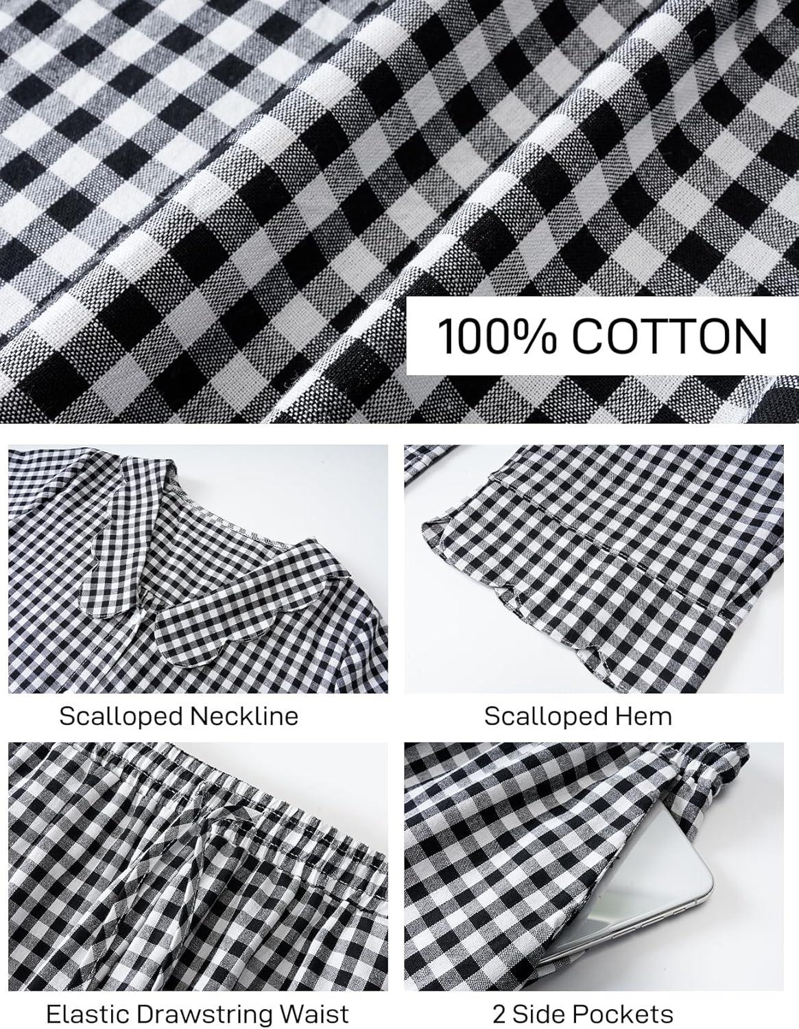 imageFlygo Womens Gingham Pajamas Set Cotton 2 Piece Pj Set Scalloped Collar Babydoll Shirt Pants Plaid Y2K Lounge SetsBlack