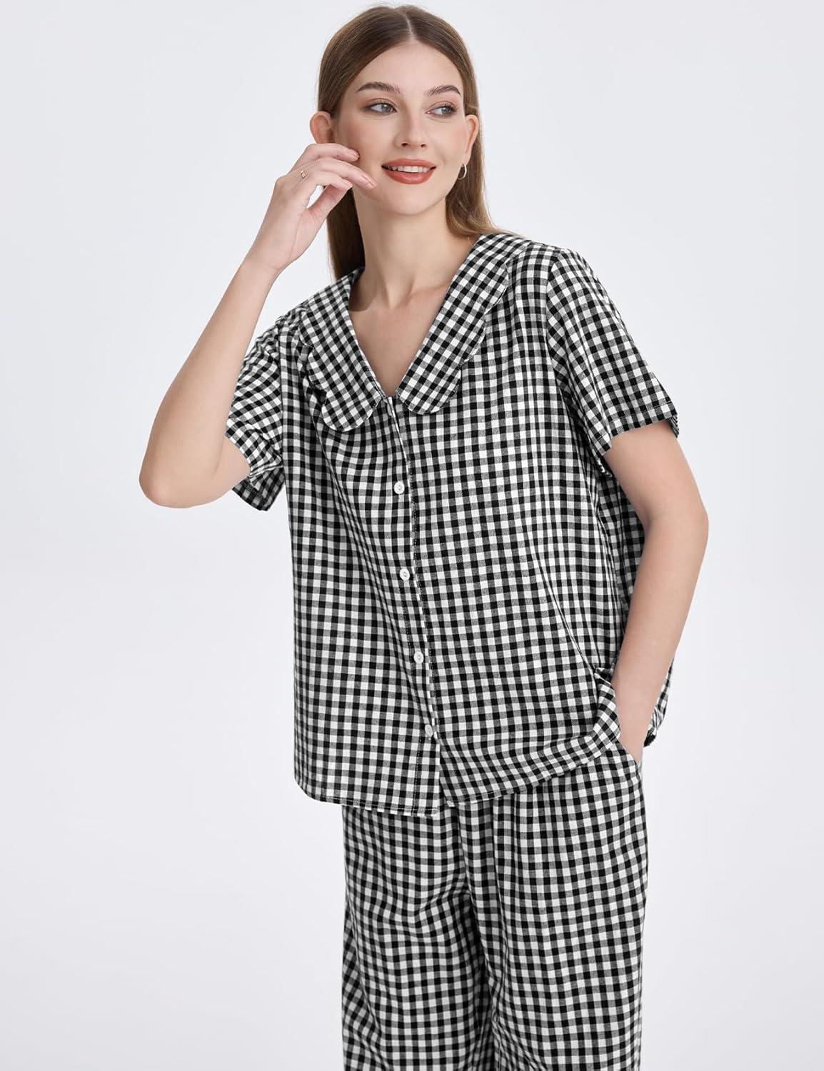 imageFlygo Womens Gingham Pajamas Set Cotton 2 Piece Pj Set Scalloped Collar Babydoll Shirt Pants Plaid Y2K Lounge SetsBlack