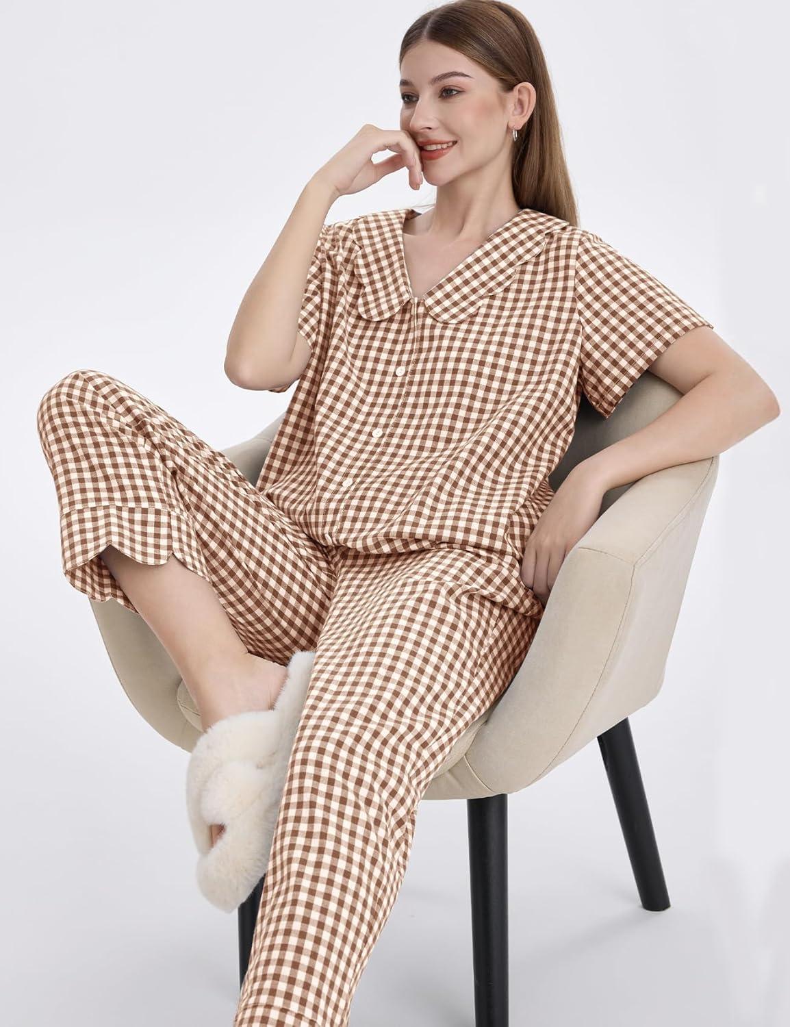 imageFlygo Womens Gingham Pajamas Set Cotton 2 Piece Pj Set Scalloped Collar Babydoll Shirt Pants Plaid Y2K Lounge SetsBrown
