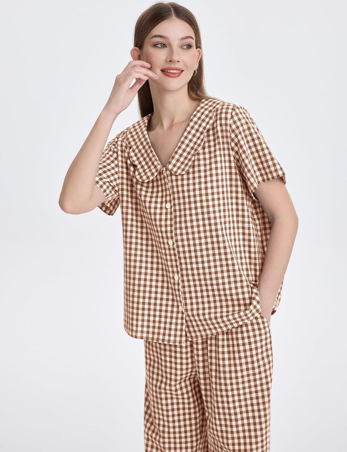 imageFlygo Womens Gingham Pajamas Set Cotton 2 Piece Pj Set Scalloped Collar Babydoll Shirt Pants Plaid Y2K Lounge SetsBrown