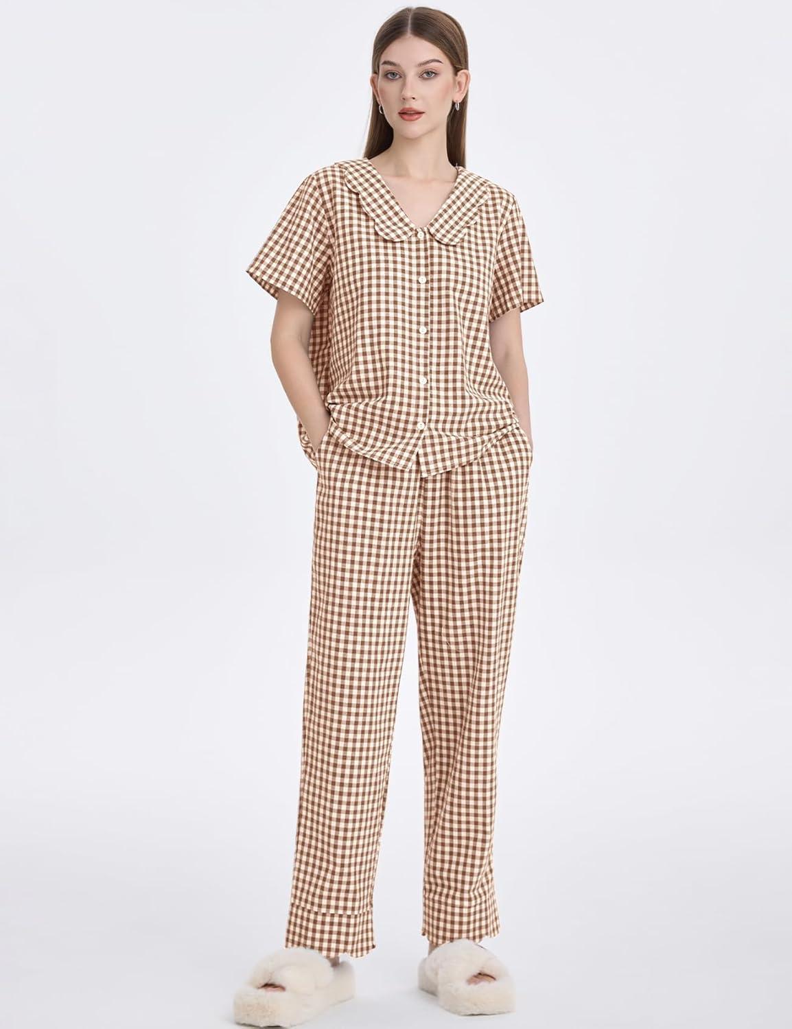 imageFlygo Womens Gingham Pajamas Set Cotton 2 Piece Pj Set Scalloped Collar Babydoll Shirt Pants Plaid Y2K Lounge SetsBrown