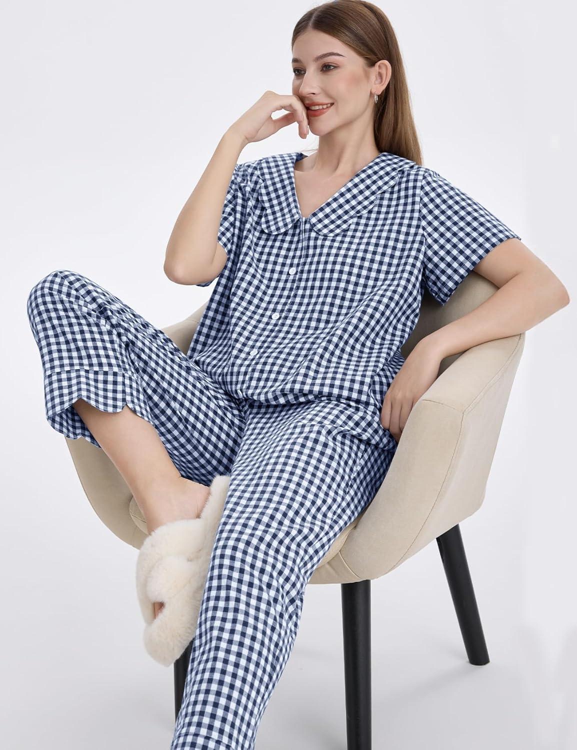 imageFlygo Womens Gingham Pajamas Set Cotton 2 Piece Pj Set Scalloped Collar Babydoll Shirt Pants Plaid Y2K Lounge SetsNavy