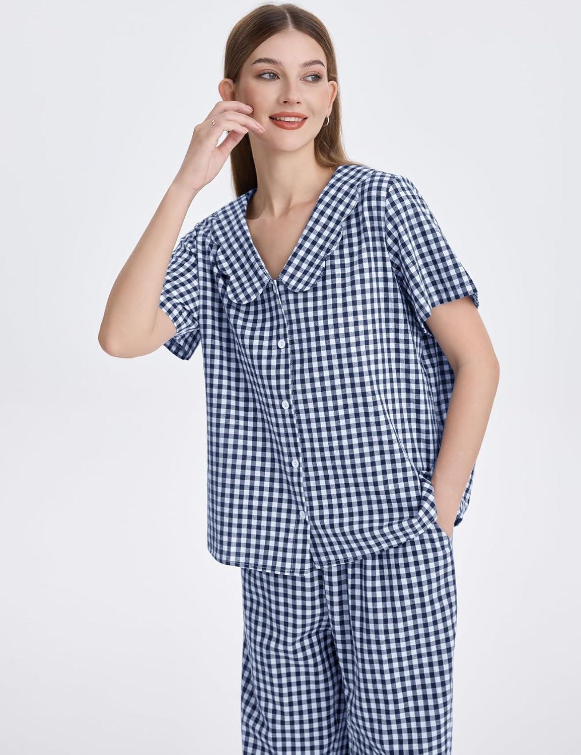 imageFlygo Womens Gingham Pajamas Set Cotton 2 Piece Pj Set Scalloped Collar Babydoll Shirt Pants Plaid Y2K Lounge SetsNavy