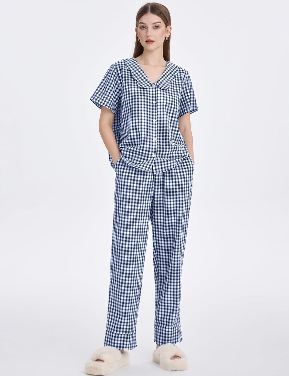 imageFlygo Womens Gingham Pajamas Set Cotton 2 Piece Pj Set Scalloped Collar Babydoll Shirt Pants Plaid Y2K Lounge SetsNavy