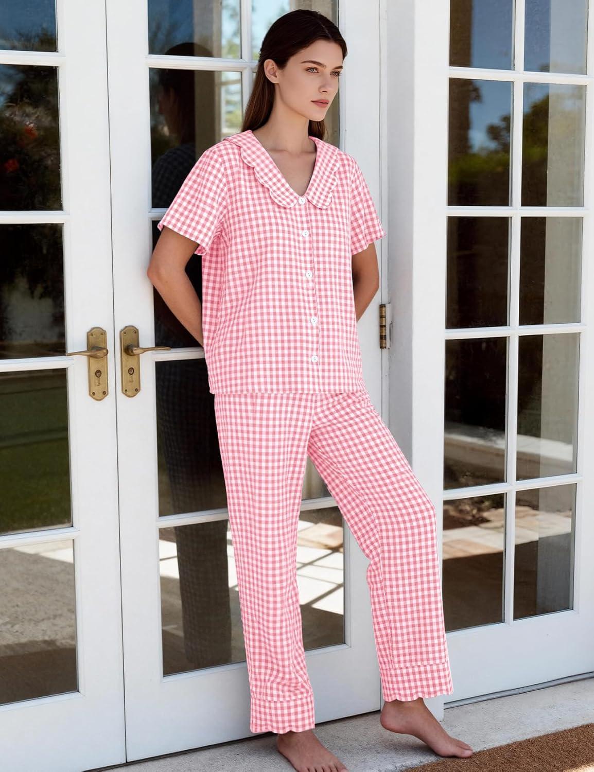 imageFlygo Womens Gingham Pajamas Set Cotton 2 Piece Pj Set Scalloped Collar Babydoll Shirt Pants Plaid Y2K Lounge SetsPink