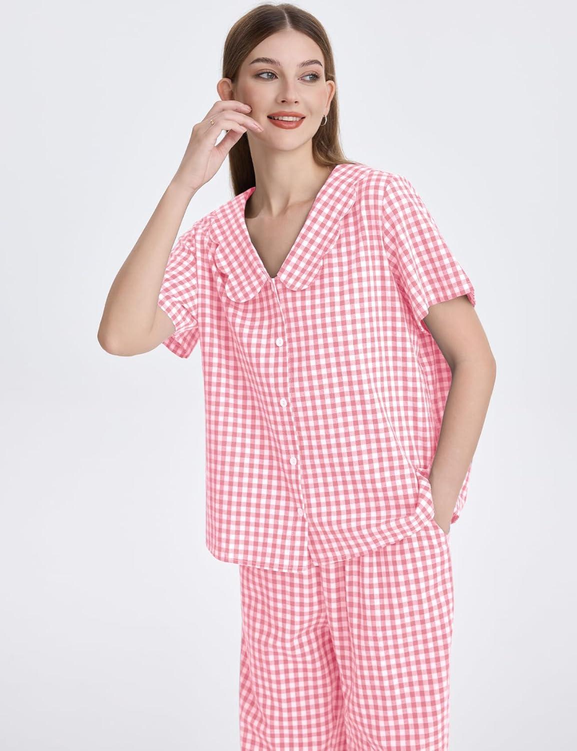 imageFlygo Womens Gingham Pajamas Set Cotton 2 Piece Pj Set Scalloped Collar Babydoll Shirt Pants Plaid Y2K Lounge SetsPink