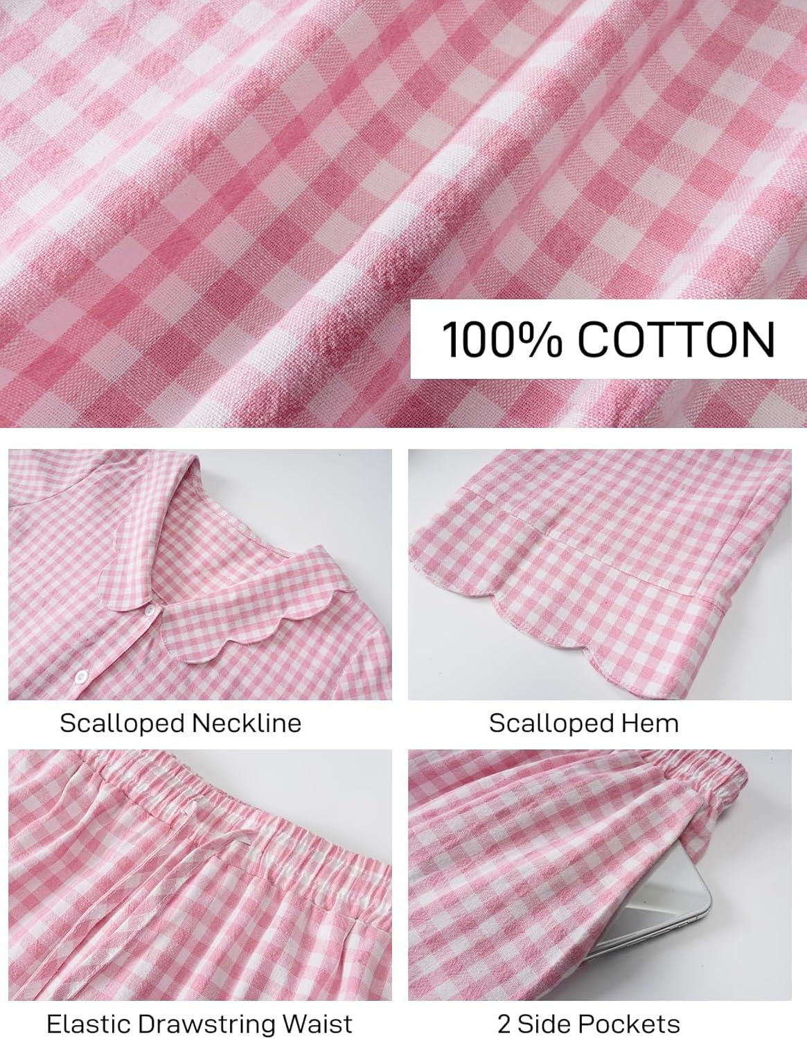 imageFlygo Womens Gingham Pajamas Set Cotton 2 Piece Pj Set Scalloped Collar Babydoll Shirt Pants Plaid Y2K Lounge SetsPink