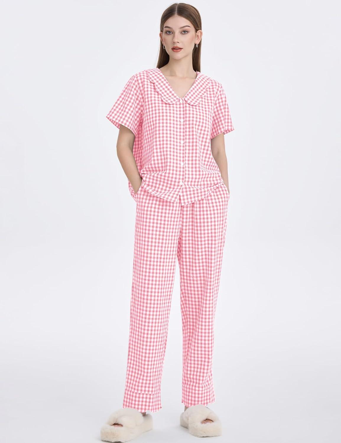 imageFlygo Womens Gingham Pajamas Set Cotton 2 Piece Pj Set Scalloped Collar Babydoll Shirt Pants Plaid Y2K Lounge SetsPink